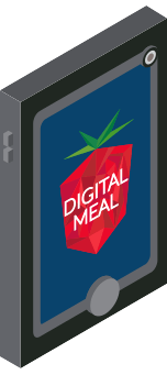 a mobile phone with the Digital Meal logo on the screen